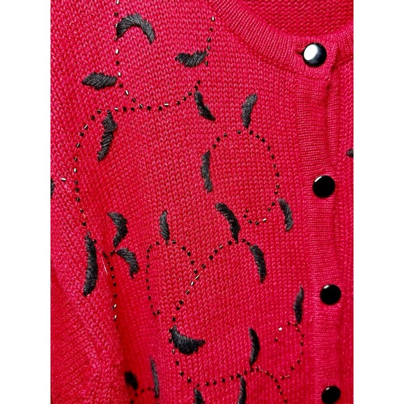 LISE J. Red Granny Cardigan Embroidered Beaded Large Ramie Cotton Long Sleeve - Picture 3 of 6